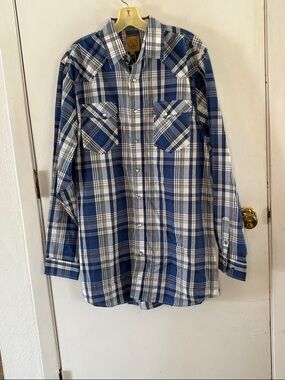 GC Blue blue white plaid long sleeve button down western shirt Size Large Tall